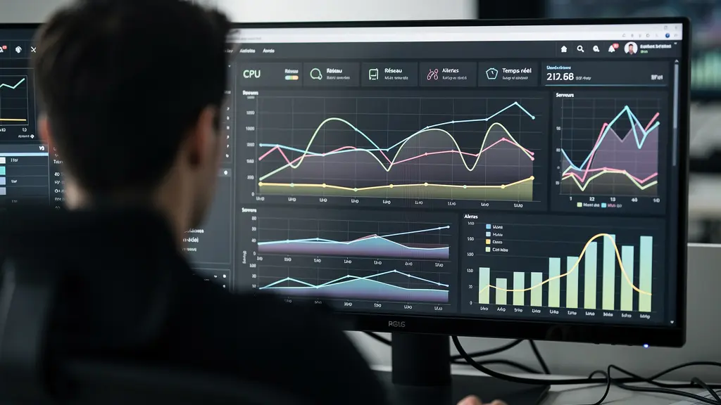 Dashboard de supervision informatique avec graphiques de monitoring réseau
