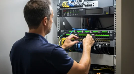 Technicien IT inspectant une baie serveur dans une salle technique de PME