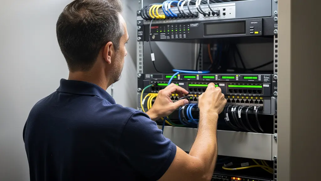 Technicien IT inspectant une baie serveur dans une salle technique de PME