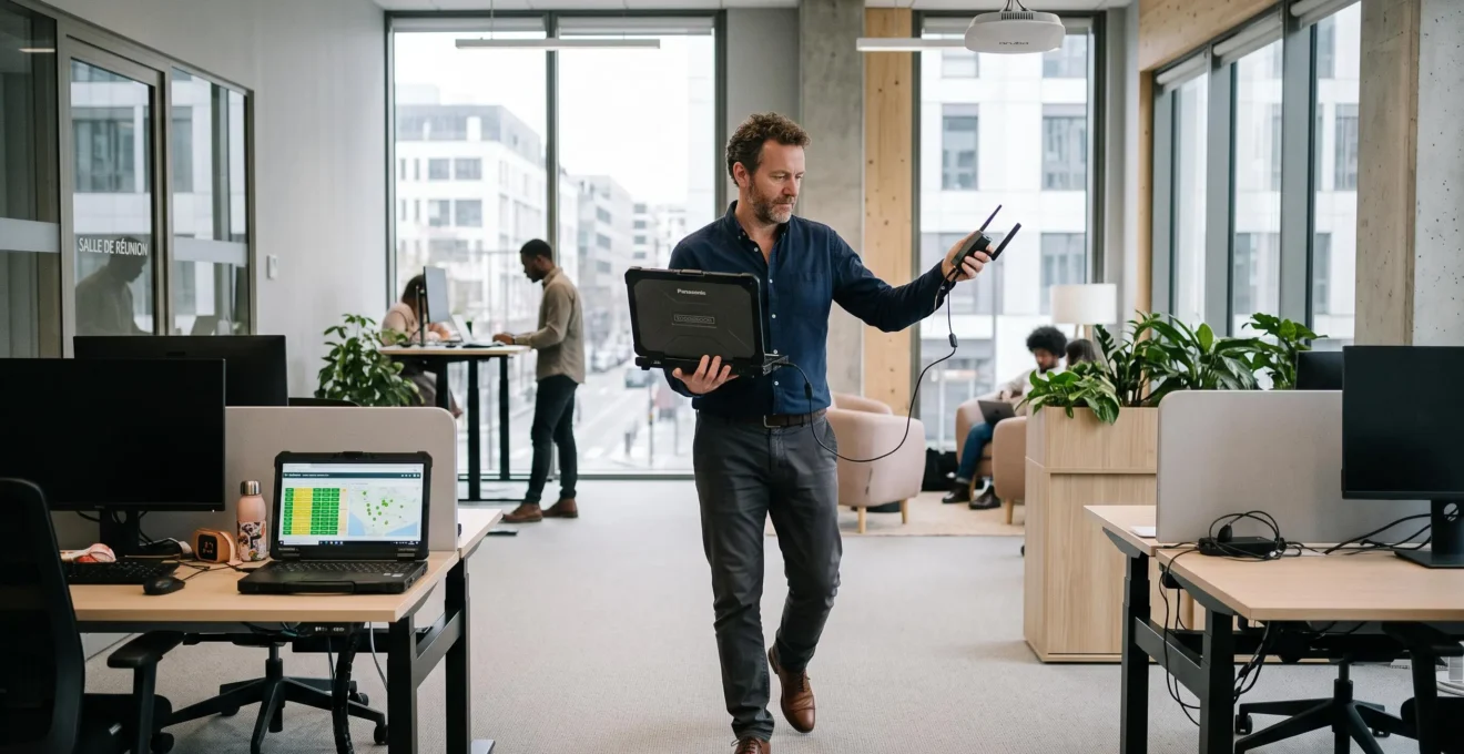 Auditeur cybersécurité réalisant un scan de sécurité réseau dans un environnement de bureau hybride moderne