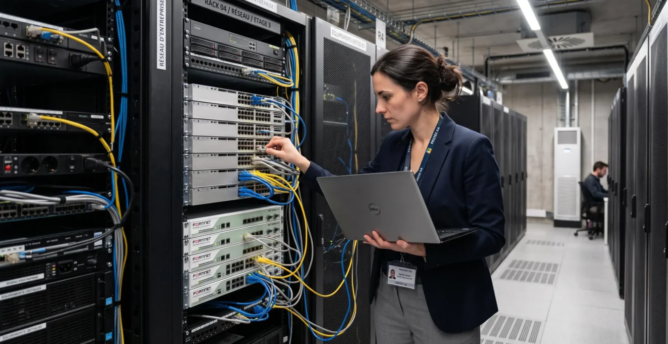 Auditeur cybersécurité inspectant des équipements réseau dans un rack serveur lors d'un audit d'infrastructure