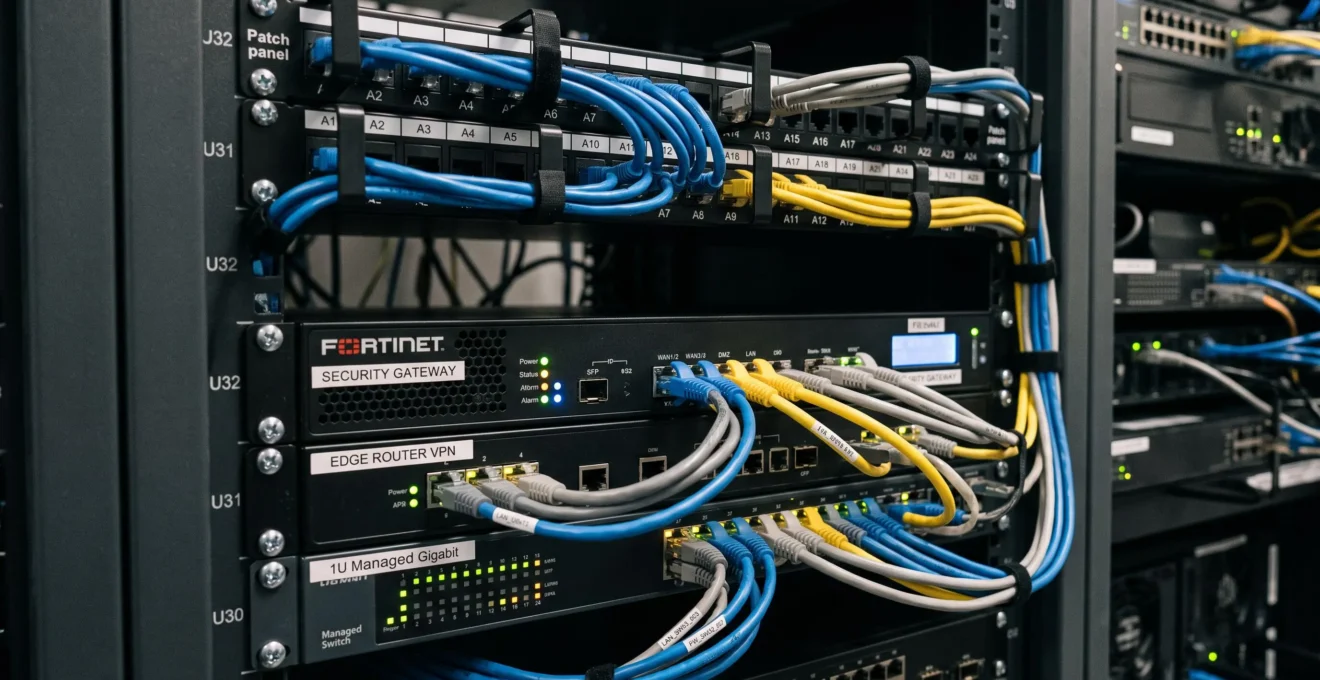 Vue détaillée d'équipements de sécurité réseau dans un rack serveur avec câblage structuré et indicateurs LED de statut