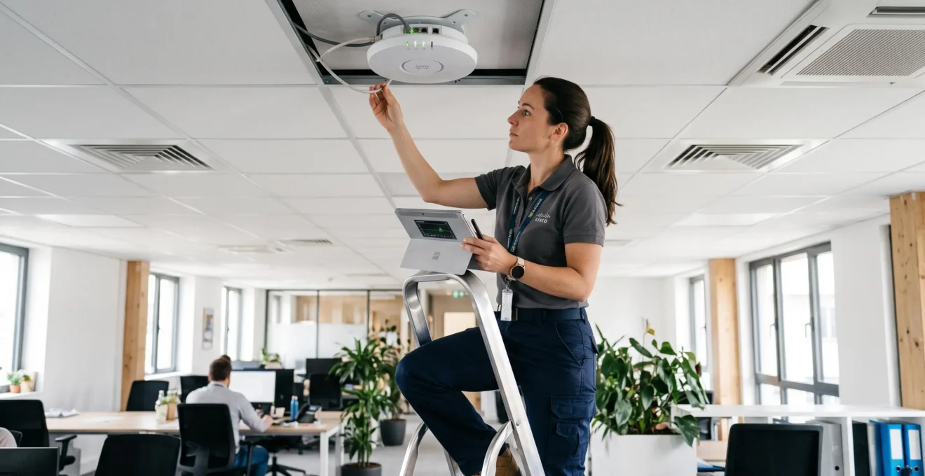 Technicien réseau inspectant un point d'accès Wi-Fi professionnel installé au plafond d'un bureau