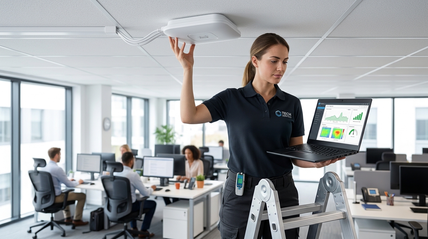 Technicien réseau inspectant un point d'accès Wi-Fi professionnel installé au plafond d'un bureau