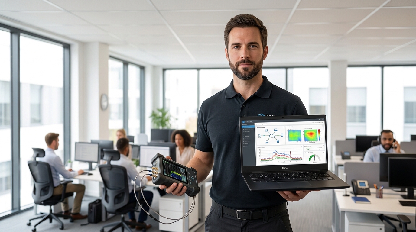 Auditeur cybersécurité réalisant un scan de sécurité réseau dans un environnement de bureau hybride moderne